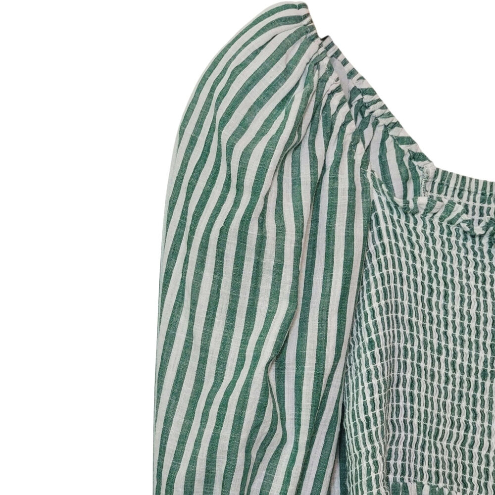 Cinq à Sept Adly Green White Stripe Smocked Puff Sleeve Peplum Top M - Picture 4 of 15